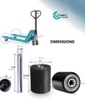Diagram of pallet jack load wheels full set 3 x 3.75 inch with entry exit roller, black polyurethane tread on steel, with dimensions