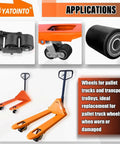 Application of pallet jack load wheels full set 3 x 3.75 inch with axles and entry exit rollers, black polyurethane load wheels kit