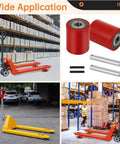 Image of 1 Pair Pallet Jack Load Wheels 3 x 3.75 inch with 20mm bearings, showing wheels, axles, pins, and application examples on pallet jacks