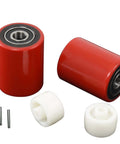 Pallet jack load wheels set 3 x 3.75 inch red polyurethane on steel with 20mm ID bearings and entry exit rollers, heavy duty replacement pair