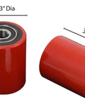 Pallet jack load wheels set 3 x 3.75 inch red polyurethane on steel, includes entry exit rollers and 20mm ID bearings, heavy duty
