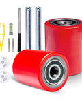 Pallet jack load wheels full set 3 x 3.75 inch with axles and entry exit roller in red polyurethane, 20mm ID bearings included