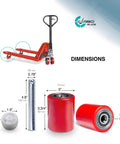 Pallet jack load wheels full set 3 x 3.75 inch with axles and entry exit roller, red polyurethane tread on steel, bearings included.