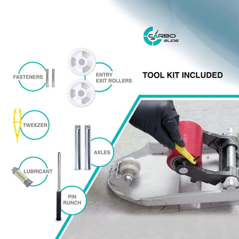 Pallet jack load wheels full set 3 x 3.75 inch with axles and entry exit roller, red polyurethane tread on steel, included tools shown