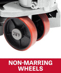 Close-up of Jet Heavy Duty Pallet Jack With 8000 Lb Capacity, 27 X 48 Inch Forks, showing non-marking polyurethane wheels