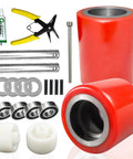 Pallet jack load wheels full set 3 x 3.75 inch with axles and entry exit rollers, red polyurethane load wheels kit with 20mm ID bearings, complete replacement set with hardware and tools displayed.