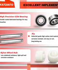 Close-up of pallet jack load wheels full set components, bearings, steel pins, and nylon wheel hubs, red polyurethane load wheels kit details