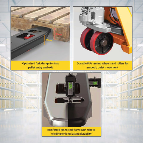 Heavy Duty Pallet Jack With Built In Digital Scale 5500 LB Capacity 27 Inch By 48 Inch Forklift Style Pallet Truck for Warehouse Weighing and Inventory Checks 1 LB Readability, showcasing fork design and scale display in warehouse setting.
