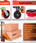Applications of 2 pcs pallet jack steer wheel set 7 x 2 inch with axle and protective caps, red polyurethane tread on steel, 20mm ID bearings.