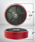 Pallet jack steering wheels set 7 x 2 inch with axle, red polyurethane tread on steel, 20mm ID bearings, side and front views
