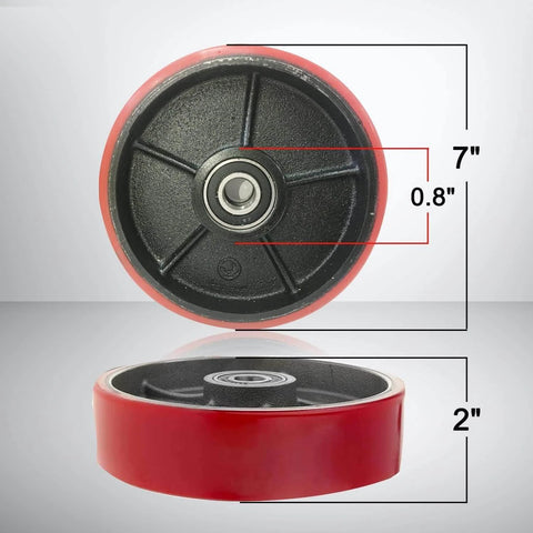 Pallet jack steering wheels set 7 x 2 inch with axle, red polyurethane tread on steel, 20mm ID bearings, side and front views