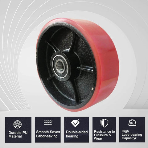 Pallet jack steering wheels set 7 x 2 inch with axle, red polyurethane tread on steel, close-up view showing durable PU material.