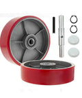 Pallet jack steering wheels set 7 x 2 inch with axle, fasteners and protective caps, red polyurethane tread with 20mm ID bearings