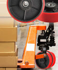 Pallet jack steering wheels 7 x 2 inch with 20mm ID bearings shown installed on pallet truck; heavy duty polyurethane wheels.