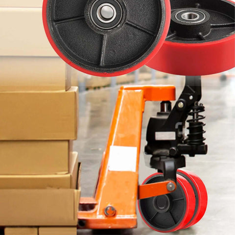 Pallet jack steering wheels 7 x 2 inch with 20mm ID bearings shown installed on pallet truck; heavy duty polyurethane wheels.