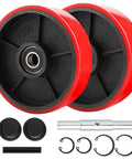 Pallet jack steering wheels pair 8 x 2 inch with 20mm ID bearings, polyurethane tread on steel core, includes axle, pin, covers and circlips