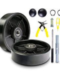 Pallet jack steering wheels set 7 x 2 inch with axle, fasteners and protective caps, black polyurethane tread on steel, 4 piece kit