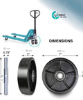 Pallet jack steering wheels set 7 x 2 inch with axle, fasteners and protective caps, shown with dimensions and assembly details.