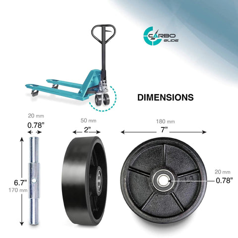 Pallet jack steering wheels set 7 x 2 inch with axle, fasteners and protective caps, shown with dimensions and assembly details.