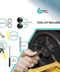 Pallet jack steering wheels set 7 x 2 inch with axle, fasteners, protective caps, tools, showing installation on pallet truck
