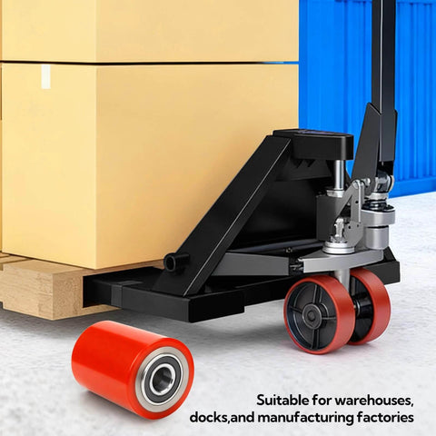 Pallet Jack Steering Wheels Set with axle and front load rollers on hand pallet jack moving boxes, includes 3 x 3.75 inch load wheel pair with bearings