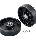 Manual pallet jack steering wheels set 7 x 2 inch with pre installed bearings, black polyurethane tread on cast iron, includes fasteners.