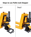 Image showing steps to use Heavy Duty Pallet Jack Stopper Chock For Trucks And Trailers, Instantly Park Your Pallet Jack In Seconds