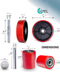 Pallet jack truck full wheel set red with axles, steering wheels 7 x 2 inch pair, front load rollers 3 x 3.75 inch with dimensions diagram