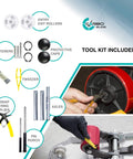 Tool kit for pallet jack truck full wheel set red with axles, steering wheels 7 x 2 inch pair, entry exit rollers, protective caps.