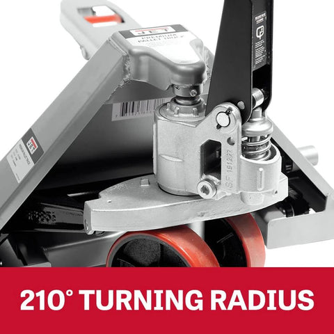Close-up of Heavy Duty Pallet Jack With 8000 Lb Capacity, 27 X 48 Inch Forks, Model JTX-2748B steering mechanism by Jet.
