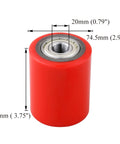 Pallet jack front load wheels pair 3 x 3.75 inch with PU tread, pre installed 20mm ID bearings, red polyurethane wheel close-up