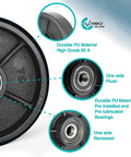 Close-up of pallet jack steering wheels set 7 x 2 inch with axle, fasteners and black polyurethane tread on steel, showing bearings.