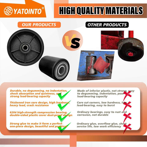 Comparison of high quality black polyurethane wheel set and inferior competitors' wheels