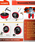 Disassembly process for 2 pcs pallet jack steer wheel set 7 x 2 inch with axle and protective caps, showing tool use and steps.