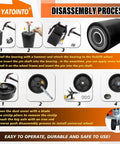 Pallet jack full wheel set with axles disassembly guide and components, black polyurethane tread, steel, bearings, pallet truck use.
