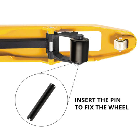 Heavy Duty Pallet Jack Wheel Replacement Set With Axles And Entry Exit Roller For Front Fork Wheels Fits Most Standard Pallet Jacks, Diameter 2.875 Inches, Width 3.75 Inches, 20mm ID Bearings, Easy Install shown with installation guide
