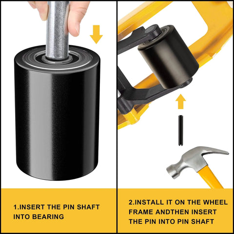 Installation process of Heavy Duty Pallet Jack Wheel Replacement Set With Axles And Entry Exit Roller For Front Fork Wheels Fits Most Standard Pallet Jacks, Diameter 2.875 Inches, Width 3.75 Inches, 20mm ID Bearings, Easy Install