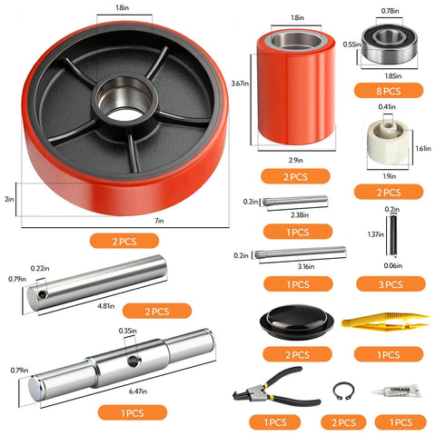 Pallet Jack Steering Wheels Set With Axle And Front Load Rollers For Most Hand Pallet Jacks Seven By Two Inch Pair And Three By Three Point Seven Five Inch Pair With Bearings Gasher Upgrade For Quiet Smooth Gliding And Lower Operator Fatigue.