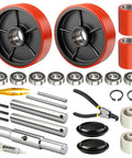 Pallet Jack Steering Wheels Set With Axle And Front Load Rollers For Most Hand Pallet Jacks Seven By Two Inch Pair And Three By Three Point Seven Five Inch Pair With Bearings Gasher Upgrade For Quiet Smooth Gliding And Lower Operator Fatigue visible in image.