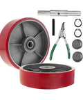 Pallet jack steering wheels set 7 x 2 inch with axle, fasteners, protective caps, and tool, red polyurethane tread on steel, 20mm ID bearings