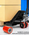 Pallet Jack Steering Wheels Set With Axle And Front Load Rollers For Most Hand Pallet Jacks Seven By Two Inch Pair And Three By Three Point Seven Five Inch Pair With Bearings Gasher Upgrade For Quiet Smooth Gliding And Lower Operator Fatigue installed on a pallet jack