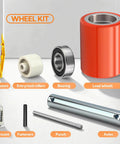 Pallet Jack Steering Wheels Set with axle and front load rollers, tweezers, lubricant, and fasteners displayed with components