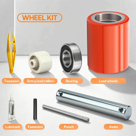 Pallet Jack Steering Wheels Set with axle and front load rollers, tweezers, lubricant, and fasteners displayed with components