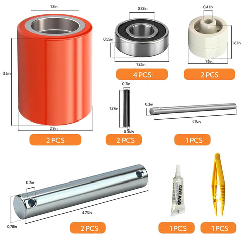 Pallet Jack Steering Wheels Set with axle and front load rollers, includes 3 x 3.75 inch load wheel pair with bearings, polyurethane wheels.