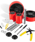 All In One Pallet Jack Wheels Kit with red steering and load wheels, axles, pins, fasteners, tools, and hardware