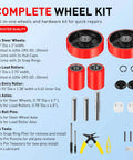 Pallet Jack Wheels Set for most manual pallet jacks, complete replacement kit with axles, steer wheels, load rollers, and tools.