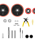 Pallet Jack Wheels Set for most manual pallet jacks, complete replacement kit with axles, bearings, and tools, 7 x 2 inch steer wheels.