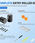 Front Load Wheel Replacement Kit For Crown PTH50 Pallet Jack With Axles Bearings And Hardware Includes 2 Black 2.75 X 3.75 Inch Front Load Rollers Entry And Exit Rollers Polyurethane Tread 95A Black 20mm showing all components in kit.