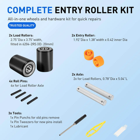 Front Load Wheel Replacement Kit For Crown PTH50 Pallet Jack With Axles Bearings And Hardware Includes 2 Black 2.75 X 3.75 Inch Front Load Rollers Entry And Exit Rollers Polyurethane Tread 95A Black 20mm showing all components in kit.