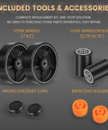 PTH50 Pallet Jack Wheel Replacement Kit Set complete for Crown PTH50 & standard jacks; steer wheels, load wheels, accessories shown